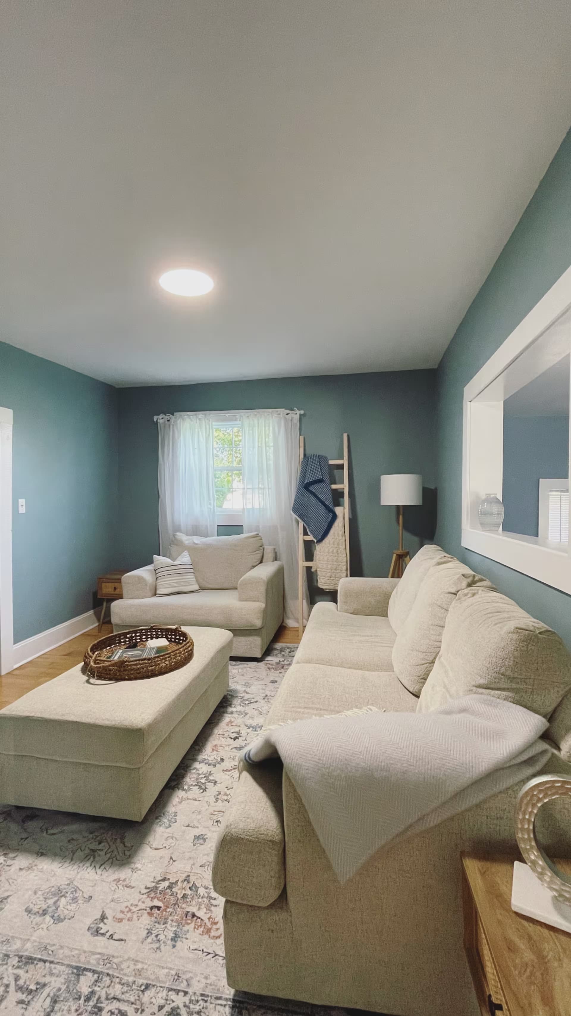 Living room with teal walls